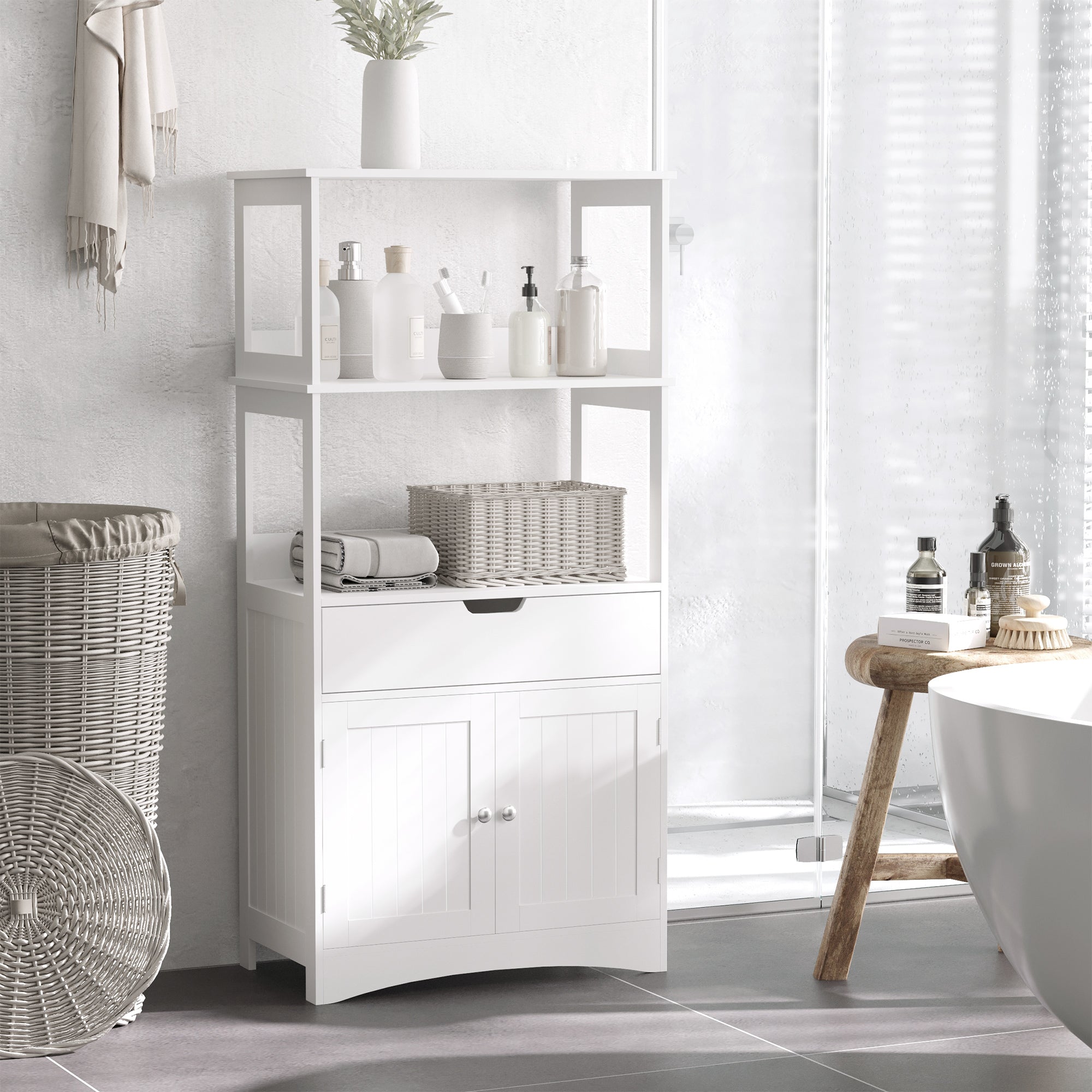 Kleankin Bathroom cabinet with shelves, locker and drawer in wood, white, 60x33x122.5cm - Borgè