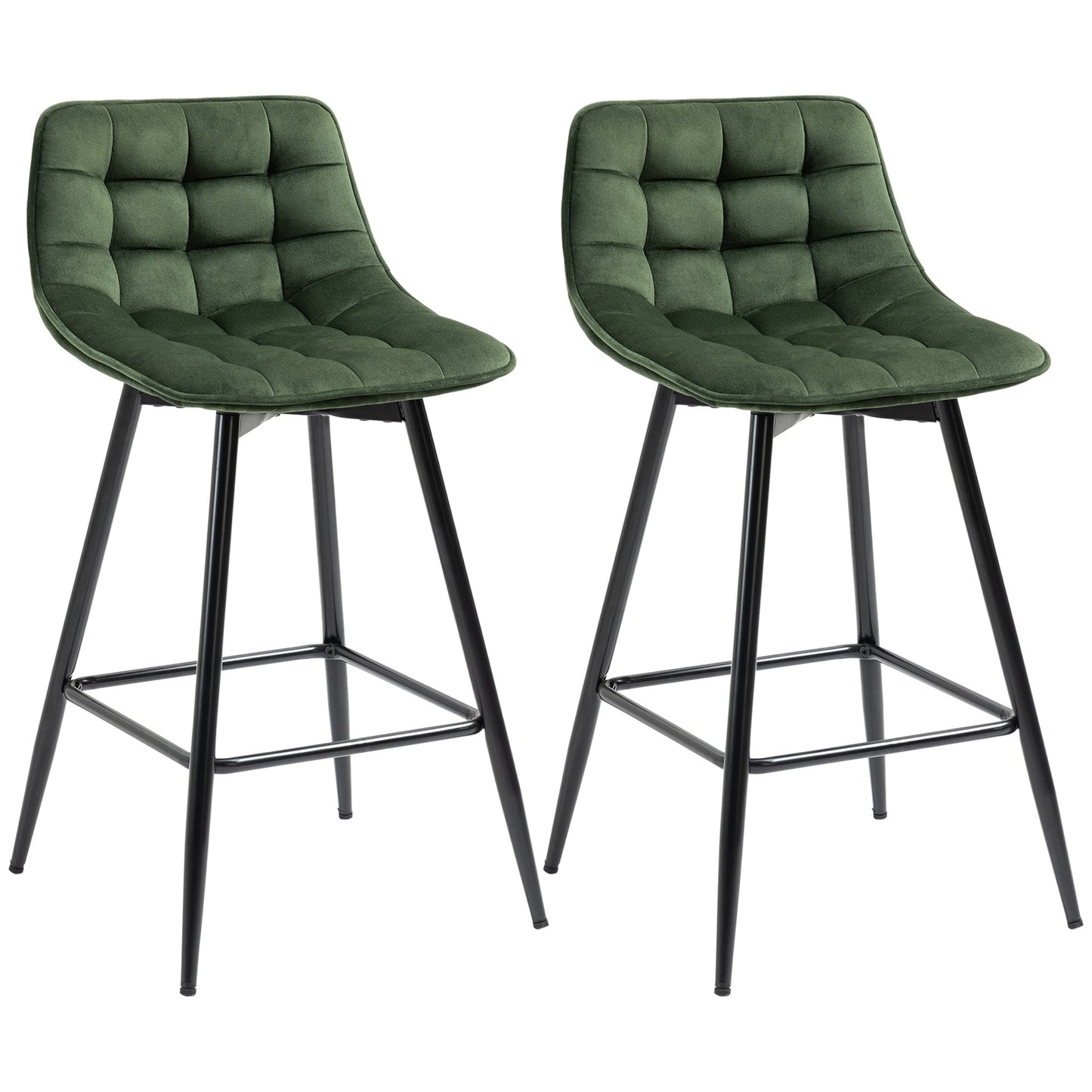 Set of 2 Nordic Style Metal and Velvet Bar Stools with Backrest and Footrest, Green, 45x47x84cm - Borgè