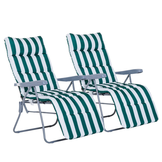 Outsunny 2 -piece beach deck chair folding and reclining, garden sunbathing with padded pillow, green and white - Borgè