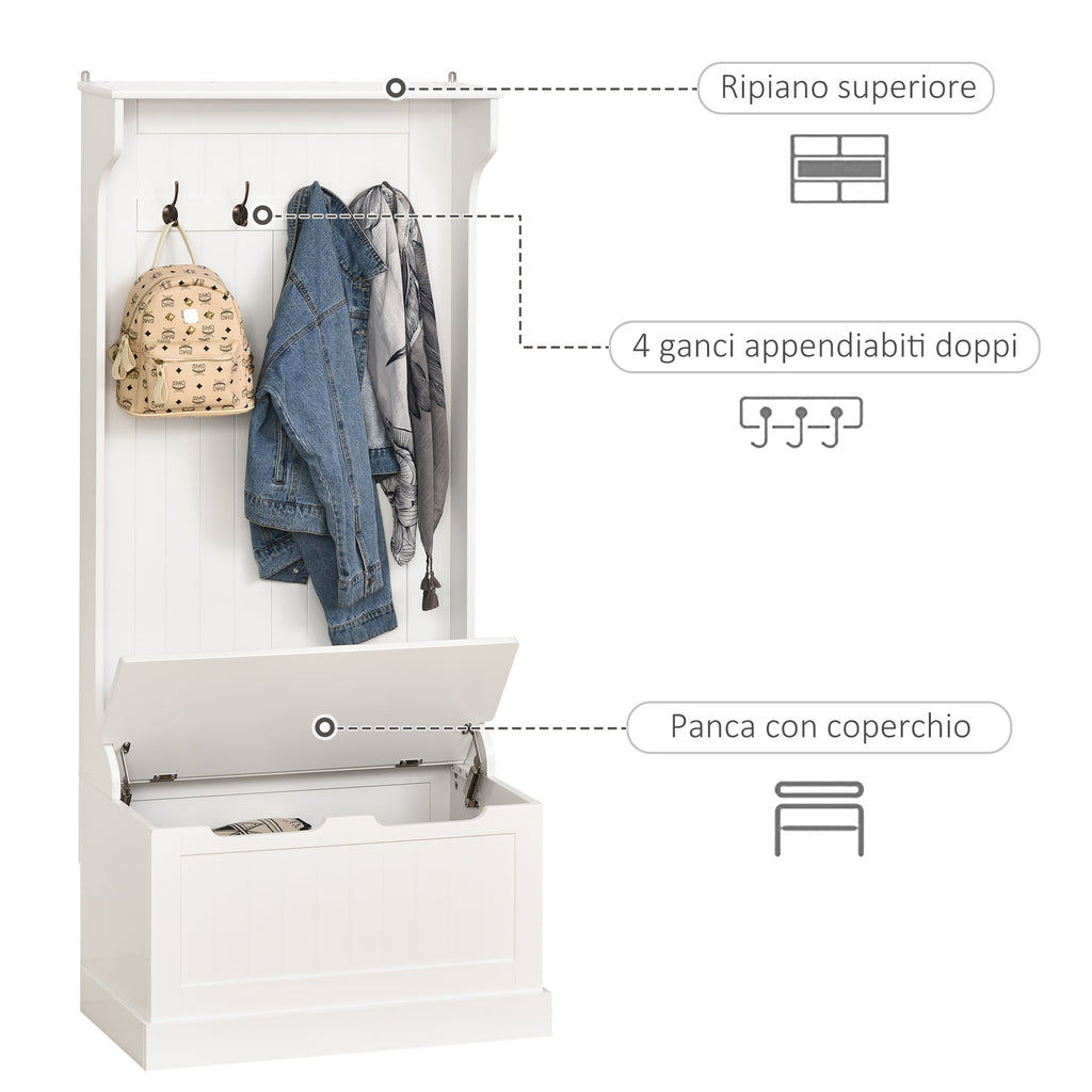 White Entrance Bench with Coat Hangers | 71.5 x 39.5 x 170cm - Borgè