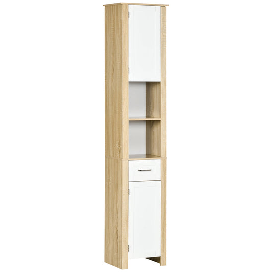 Kleankin high bathroom cabinet in chipboard with a drawer, 2 lockers and 2 adjustable open shelves, 37x30x184 cm - Borgè