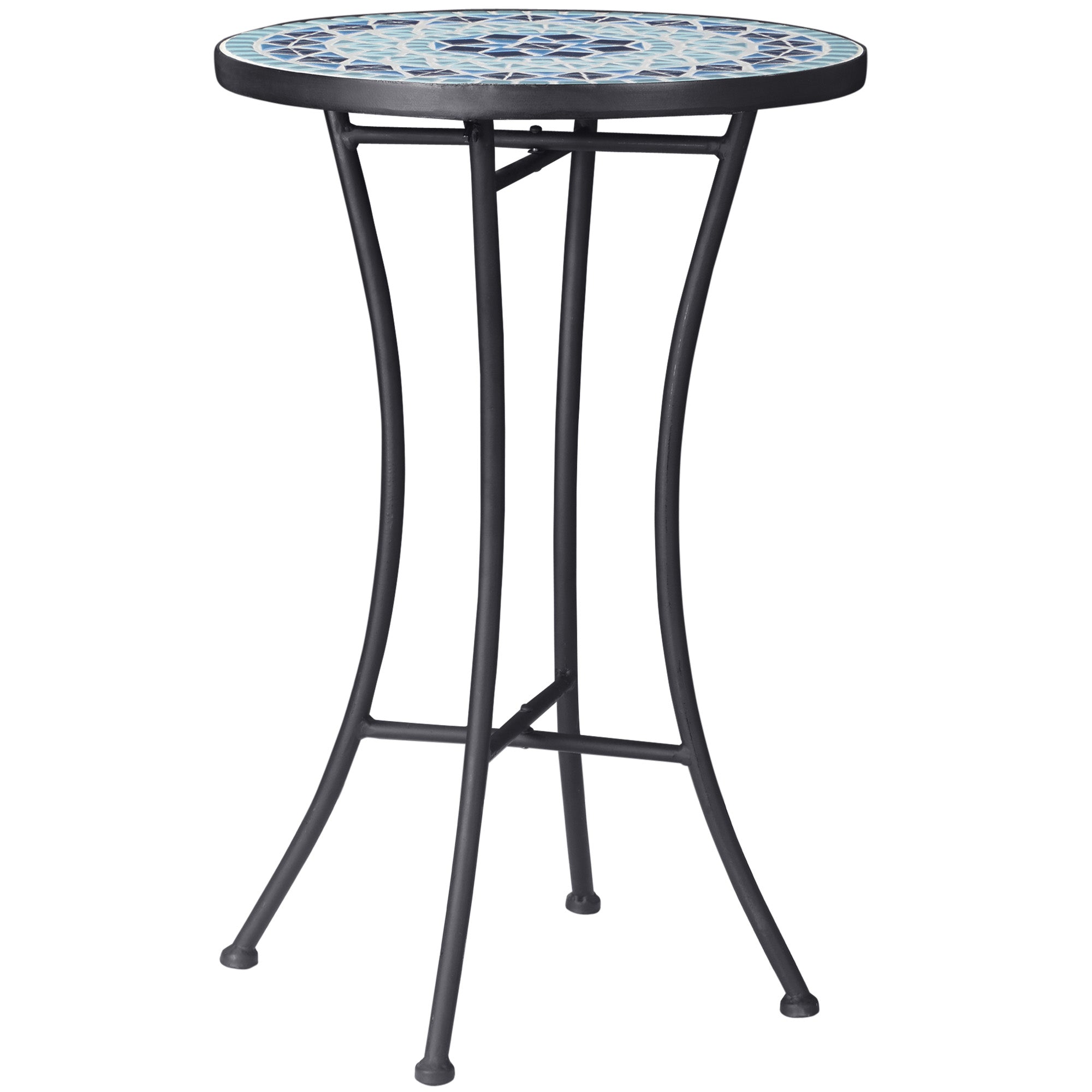Round Metal Garden Coffee Table with Ceramic Top, Mosaic Design, Ф35.5x53.5cm, Blue - Borge' Group Limited