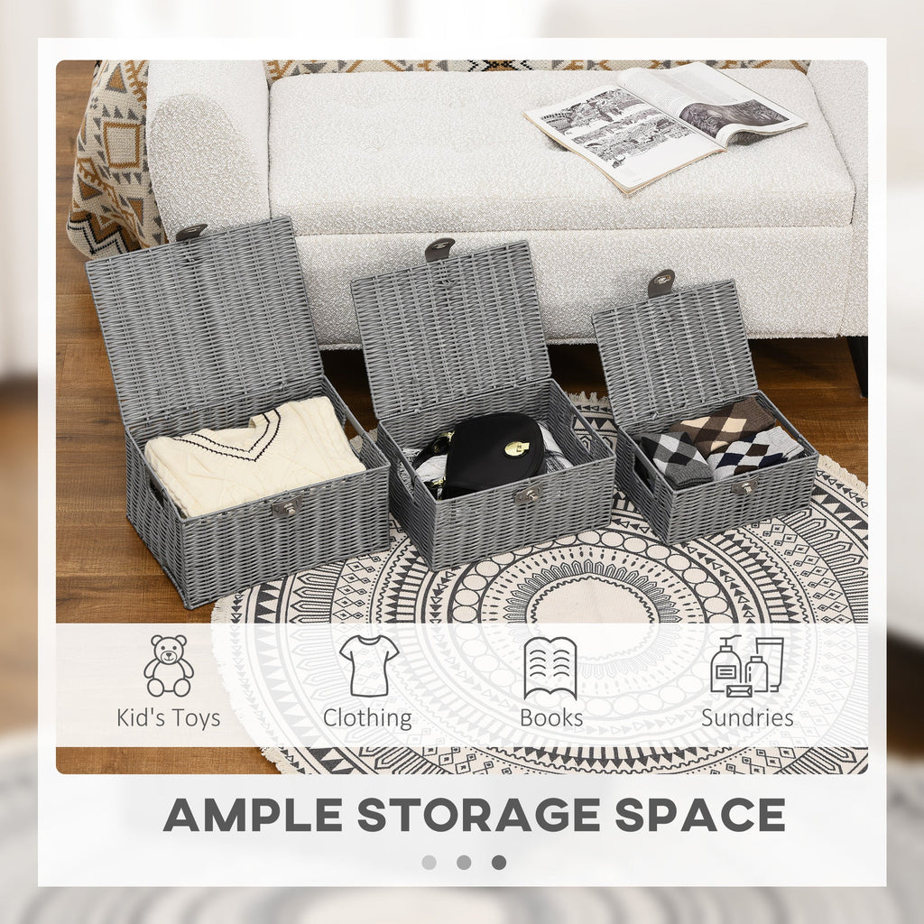 Set of 3 Grey Storage Boxes in with lid in different sizes - Borgè