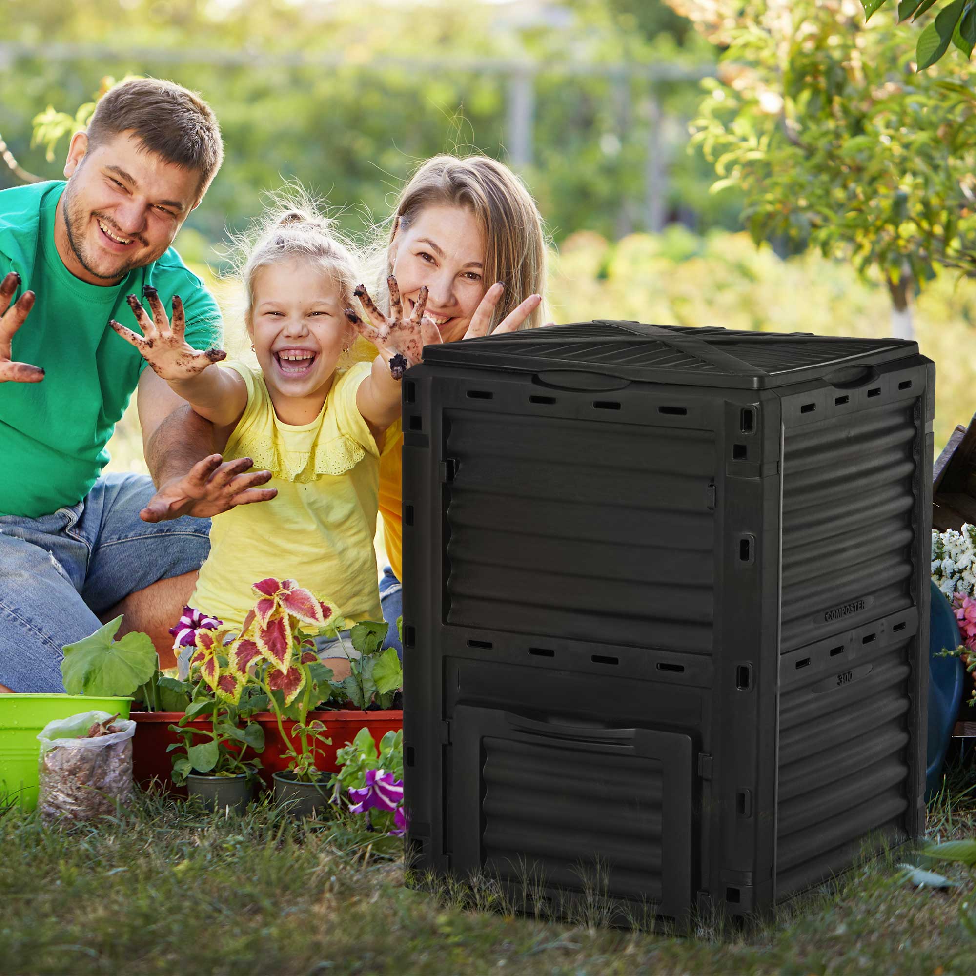 Garden Composter, 300L Black Plastic Home Compost Bin with Snap-On Lid - Borge' Group Limited