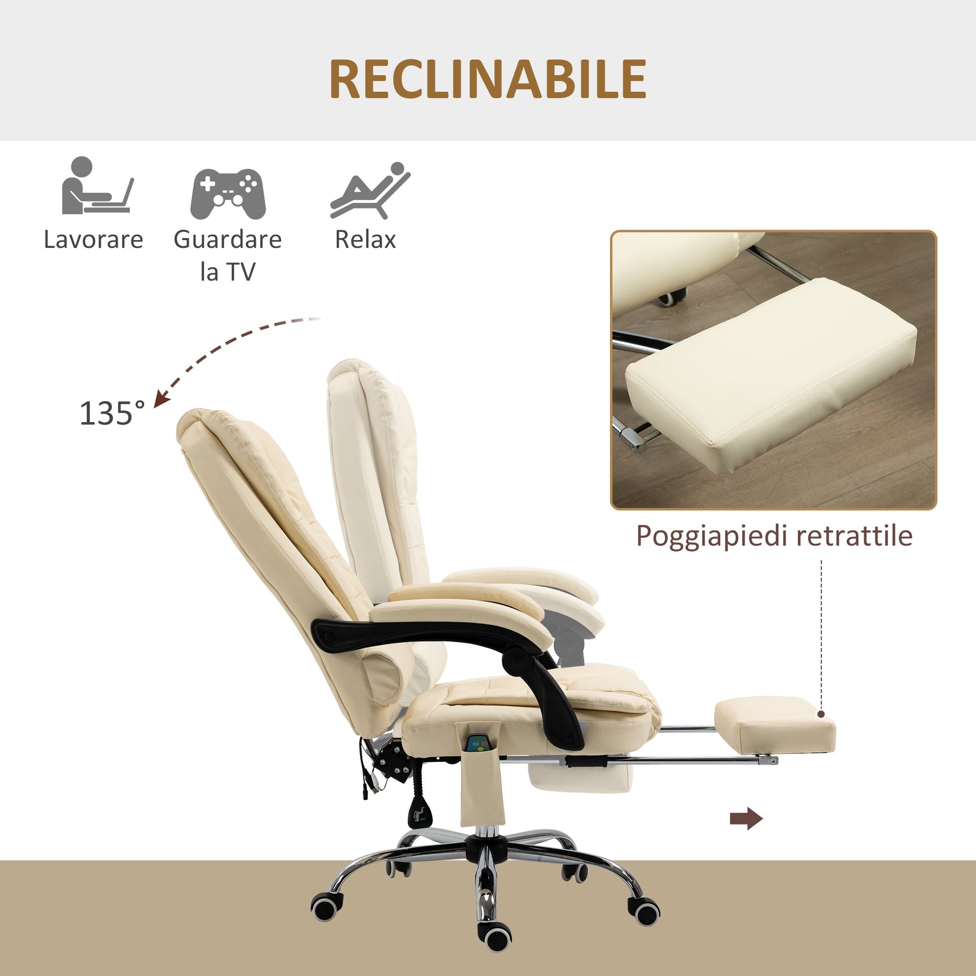 Ergonomic massant armchair winner at adjustable height with 6 vibrant points, 65x160x104 cm, cream - Borgè