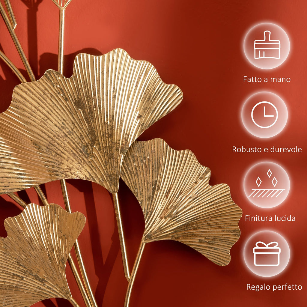 Homcom 3D Metal Wall Decoration, Golden Wall Art with Ginkgo 138x70cm leaves - Borgè
