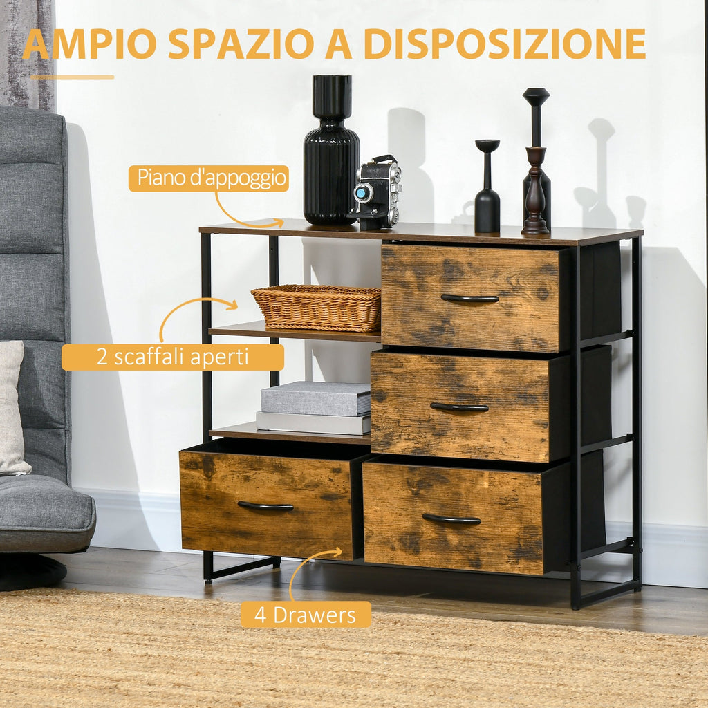 Industrial style chest of drawers with 4 drawers in folding fabric and 2 open shelves, 84x30x71.5 cm, brown - Borgè