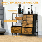 Industrial style chest of drawers with 4 drawers in folding fabric and 2 open shelves, 84x30x71.5 cm, brown - Borgè