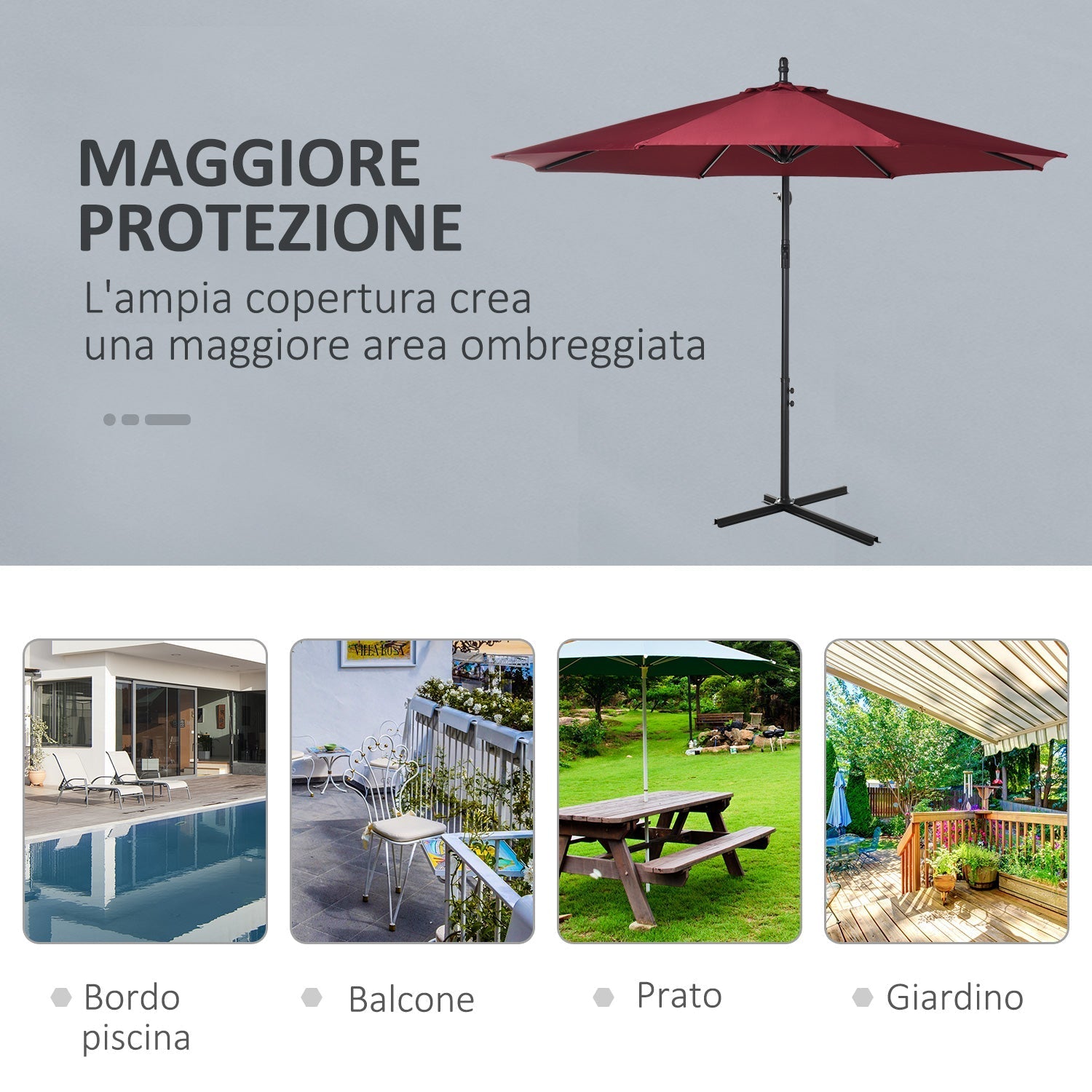 Outsunny exterior umbrella steel structure and anti-UV waterproof polyester φ300x250cm, dark red - Borgè