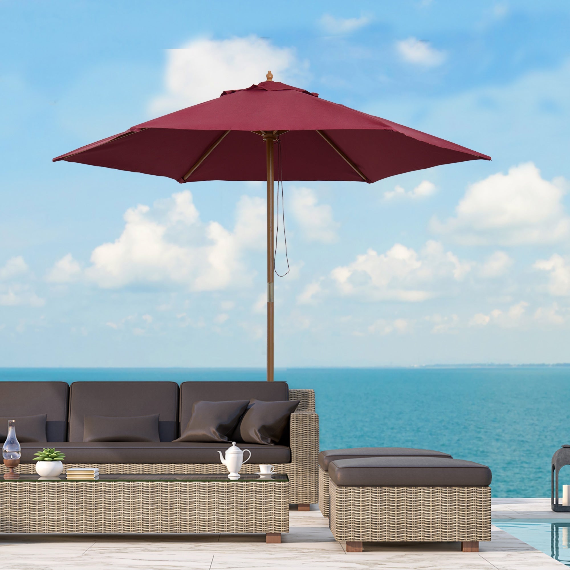 Round Garden Umbrella, Wood and Polyester with Rope Opening, 2.5x2.3 m, Bordeaux - Borge' Group Limited