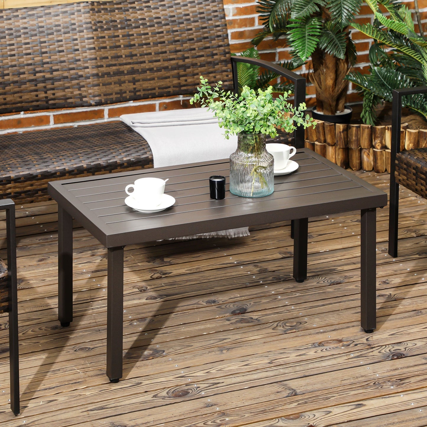 Outdoor steel coffee table with adjustable feet and slatted top, 91x51x46 cm, brown - Borgè