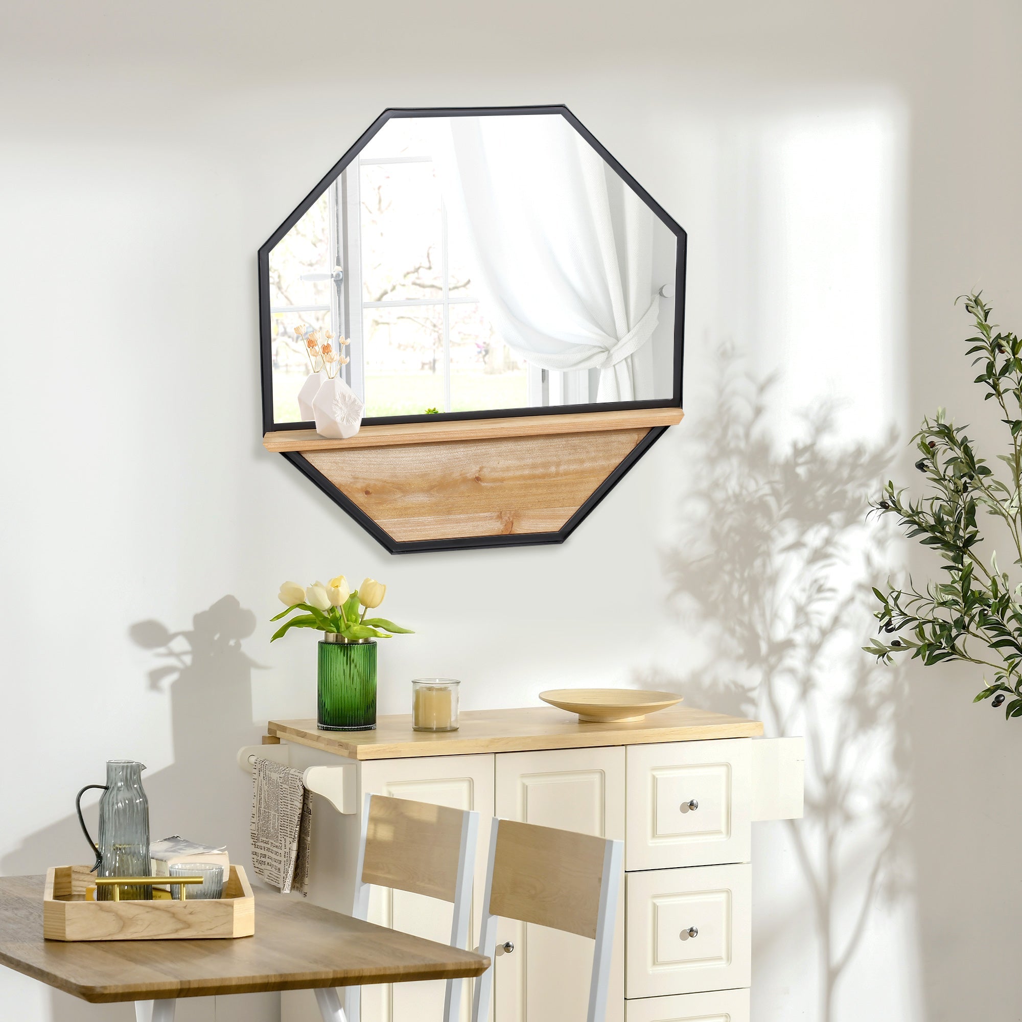 octagonal metal wall mirror with wooden shelf, 61x61cm black - Borgè