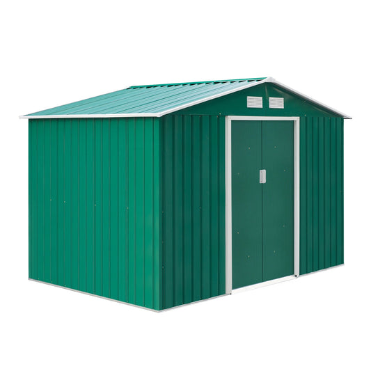 Outsunny garden house with double sliding doors in steel sheet metal, steel garden shed, 277x195x192cm, green - Borgè