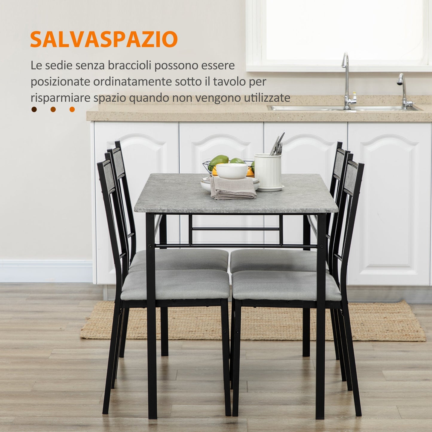 set Table and 5pz chairs, rectangular lunch table in metal and MDF and 4 Grey and black dining chairs - Borgè