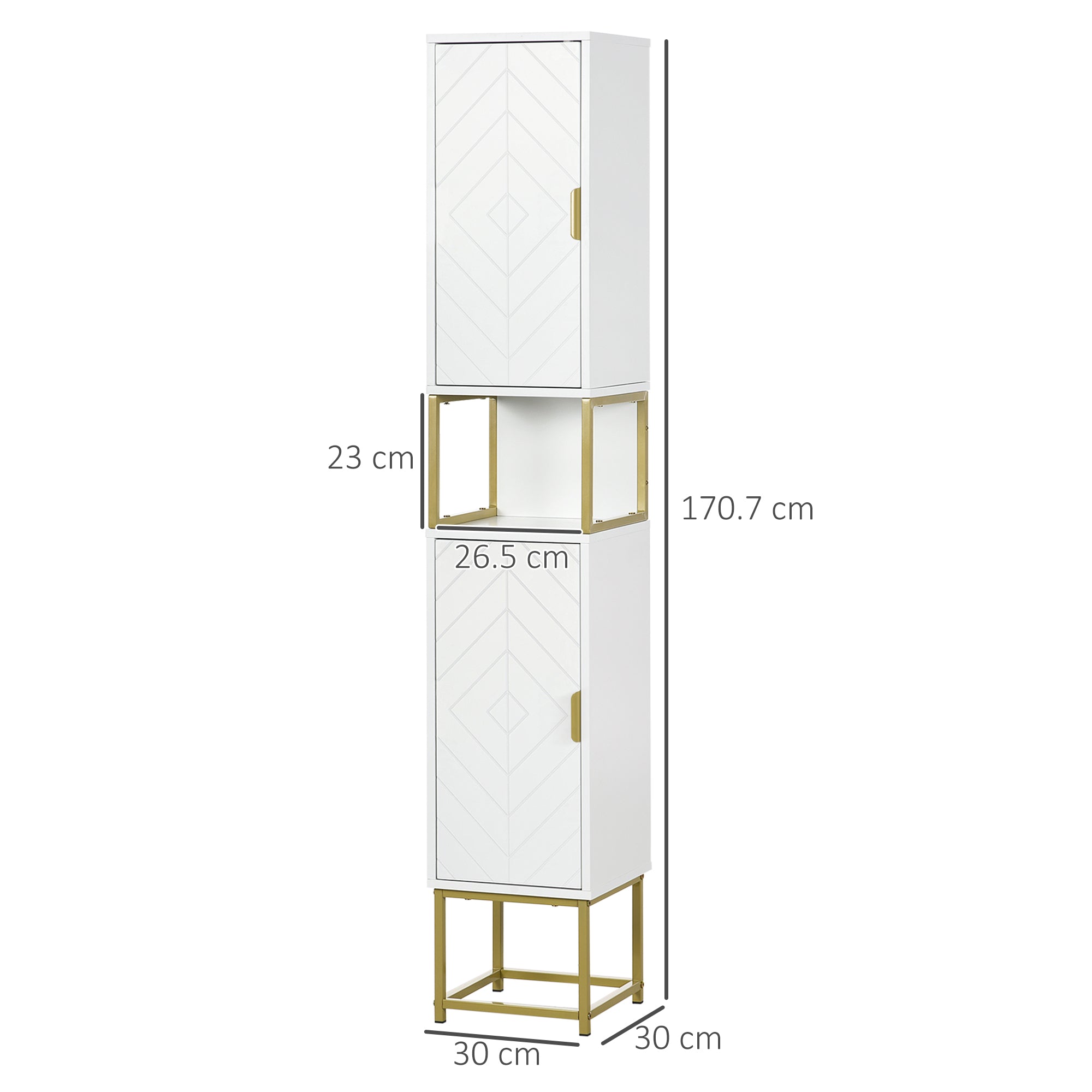 Kleankin Bathroom column with 2 lockers and shelf in mdf and steel, 30x30x170.7cm, white and gold - Borgè