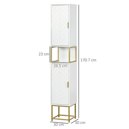 Kleankin Bathroom column with 2 lockers and shelf in mdf and steel, 30x30x170.7cm, white and gold - Borgè