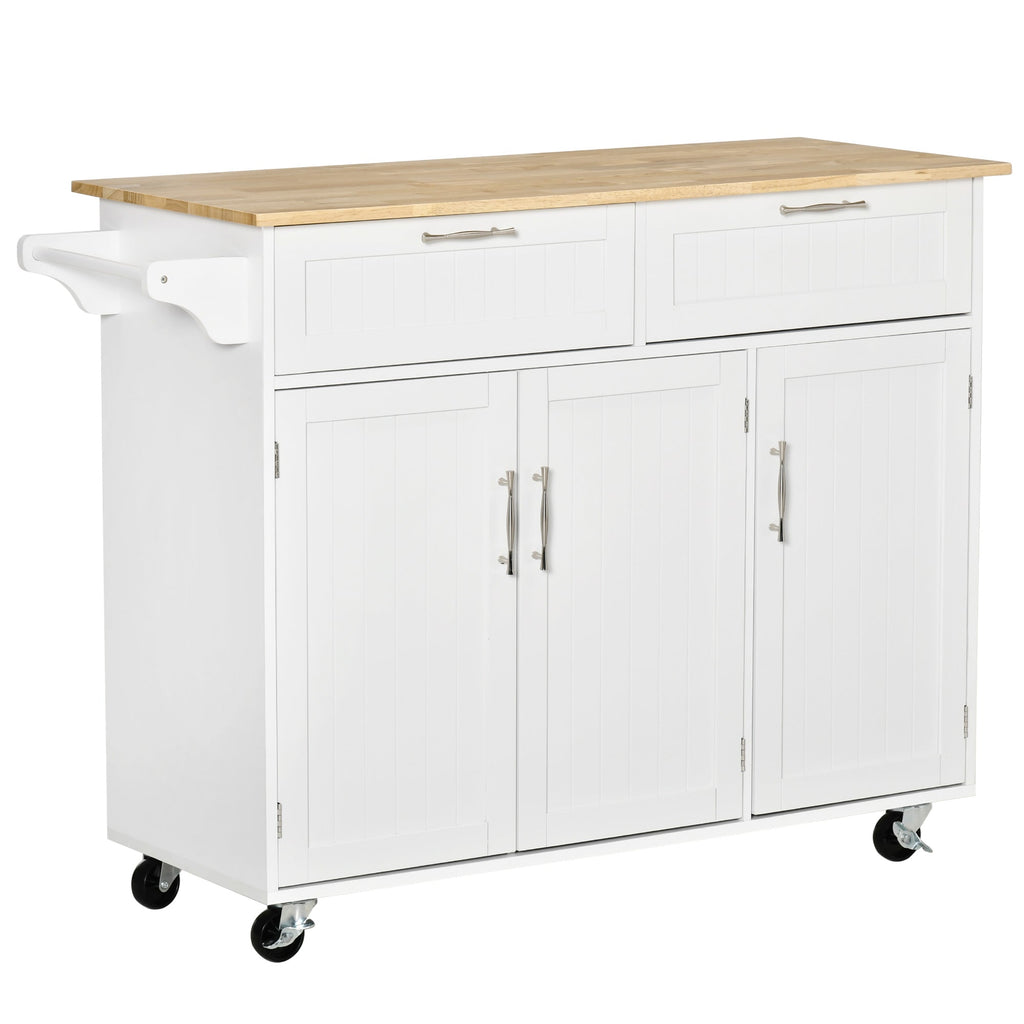 VERA | Multipurpose Wooden Kitchen Cart Trolley with 2 Drawers, 3 Doors and 4 Wheels 121x46x91cm - White - Borgè