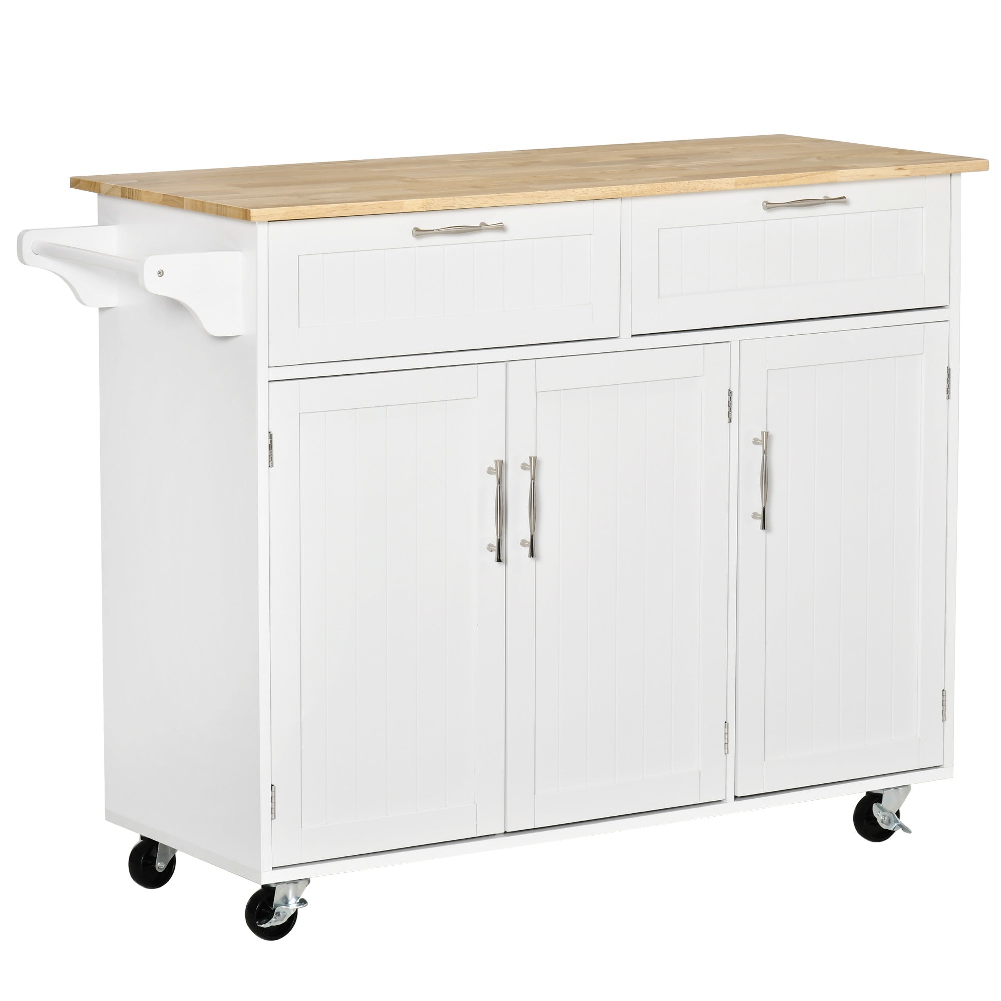 VERA | Multipurpose Wooden Kitchen Cart Trolley with 2 Drawers, 3 Doors and 4 Wheels 121x46x91cm - White - Borgè