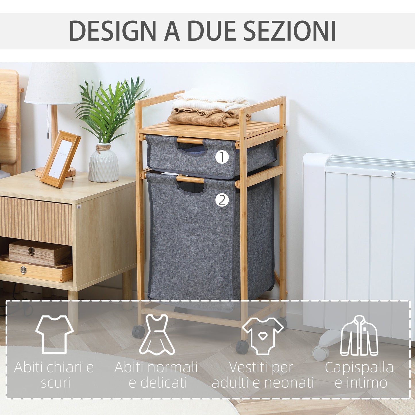 Clothes Basket with 2 Compartments and Wheels, Fabric Bags and Bamboo Structure, 42x35x84.5cm - Borgè