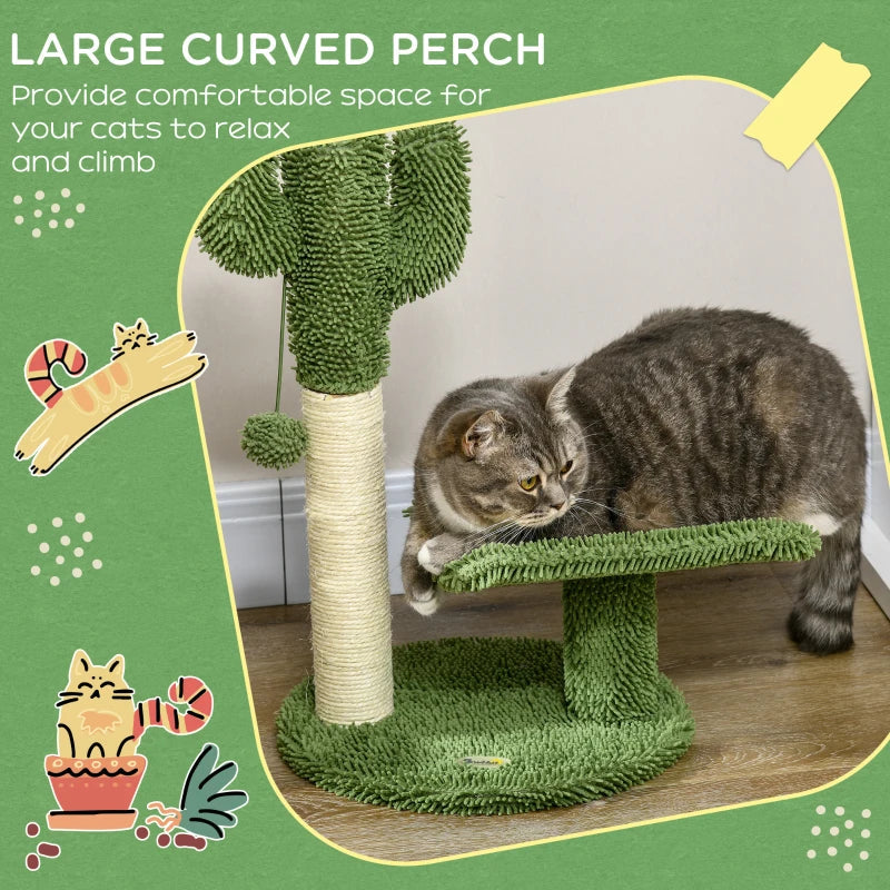 Green and white Cactus Shaped Cat Tree with playing ball | 35x31x55.5 cm - Borgè