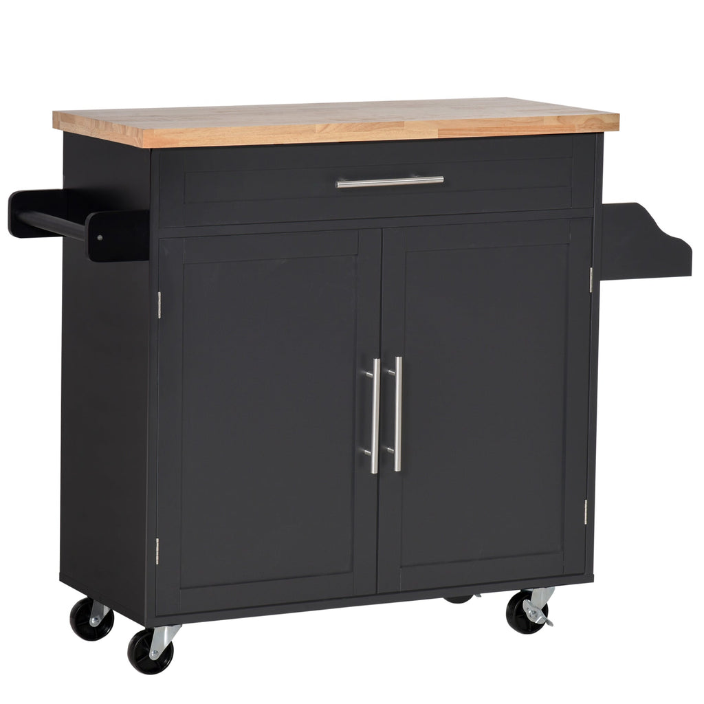 Kitchen Cart with drawer, door holders and locker, 4 wheels and wooden work surface, 109x40x89cm - Black - Borgè