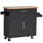 Kitchen Cart with drawer, door holders and locker, 4 wheels and wooden work surface, 109x40x89cm - Black - Borgè