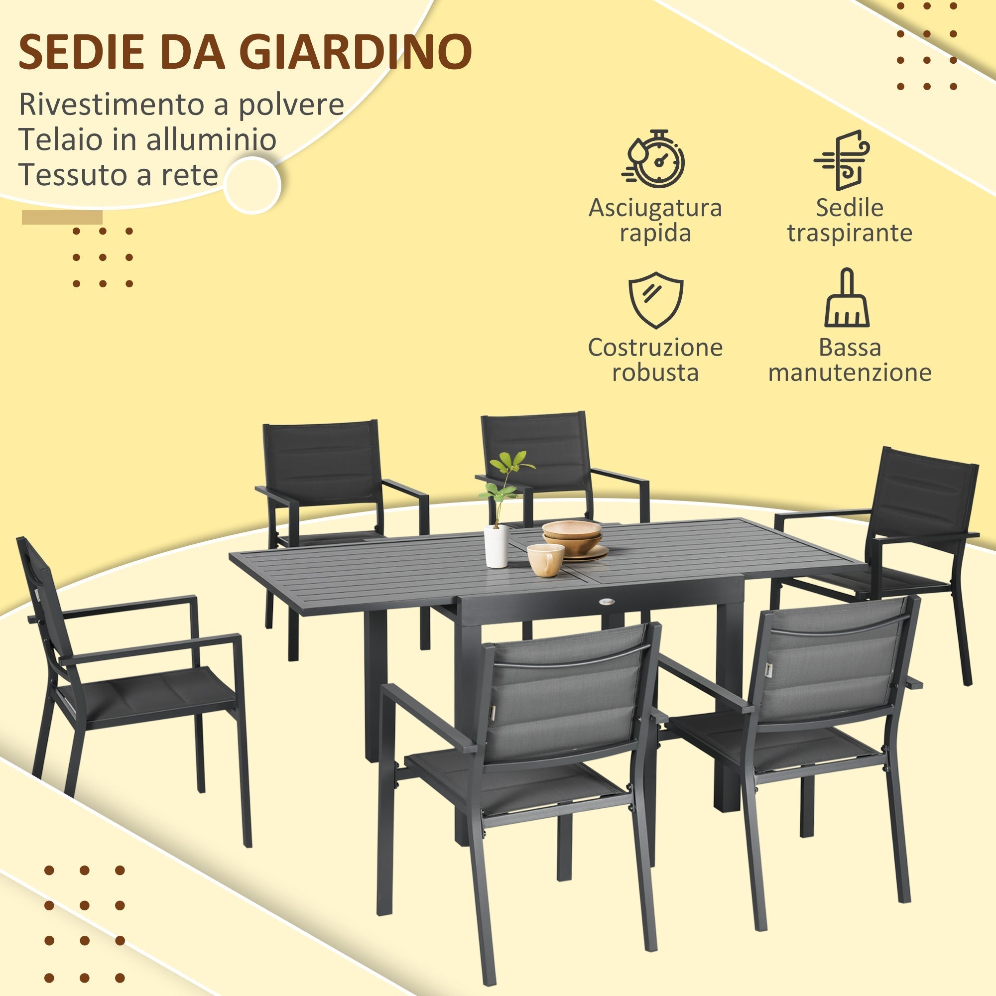 Extendable Aluminum Garden Table and 6 Chairs Set with Breathable Seat, Grey - Borge' Group Limited