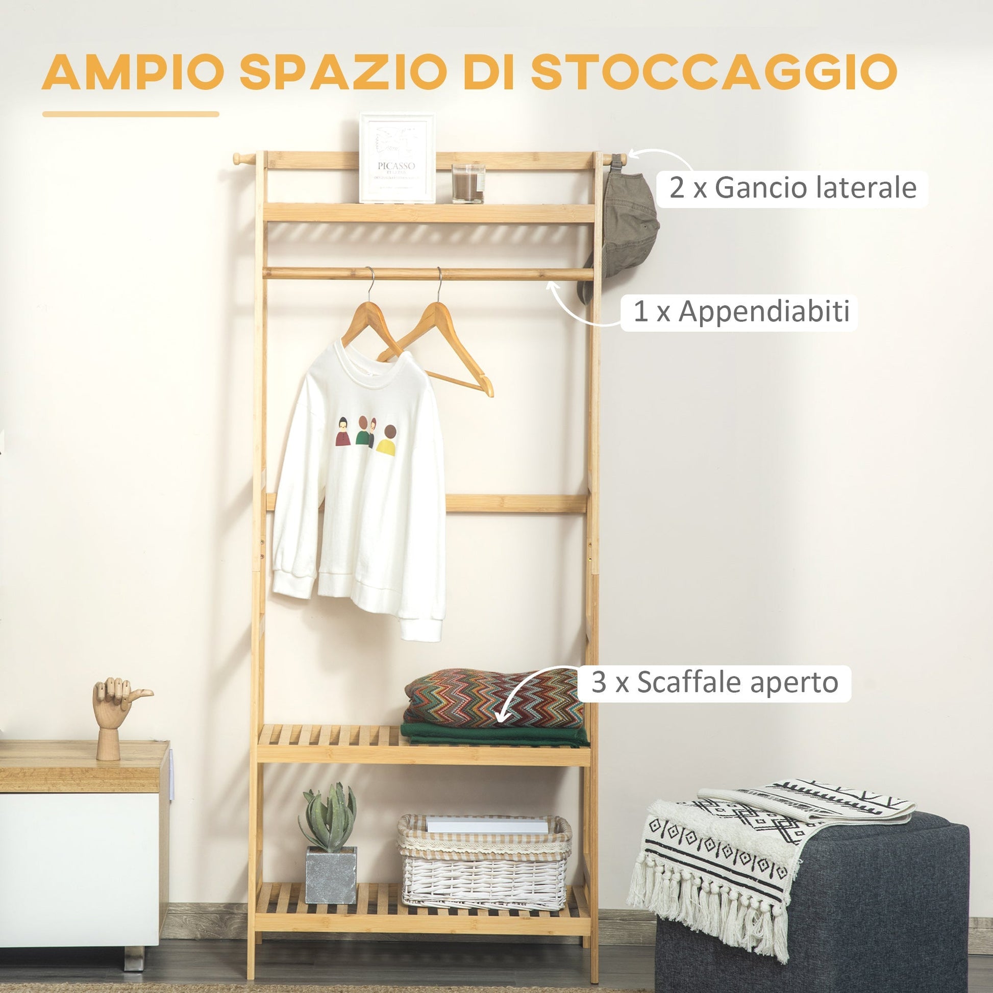 hanger in bamboo wood from the ground with shelves, 70x42x164cm, wood color - Borgè