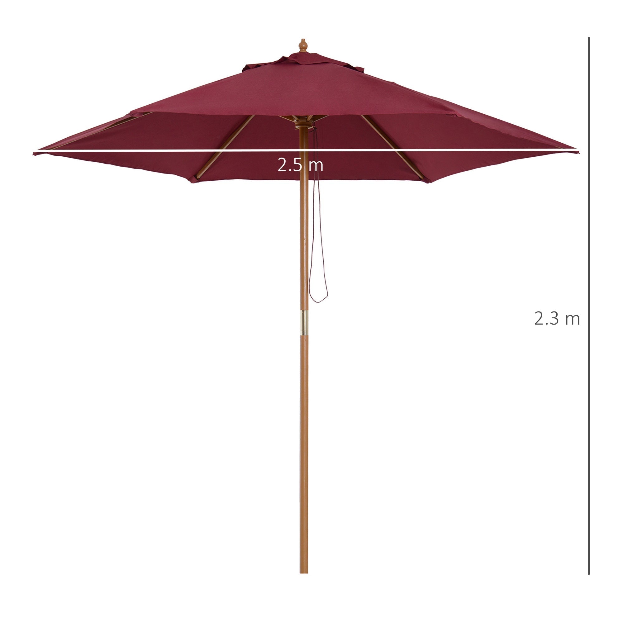 Round Garden Umbrella, Wood and Polyester with Rope Opening, 2.5x2.3 m, Bordeaux - Borge' Group Limited
