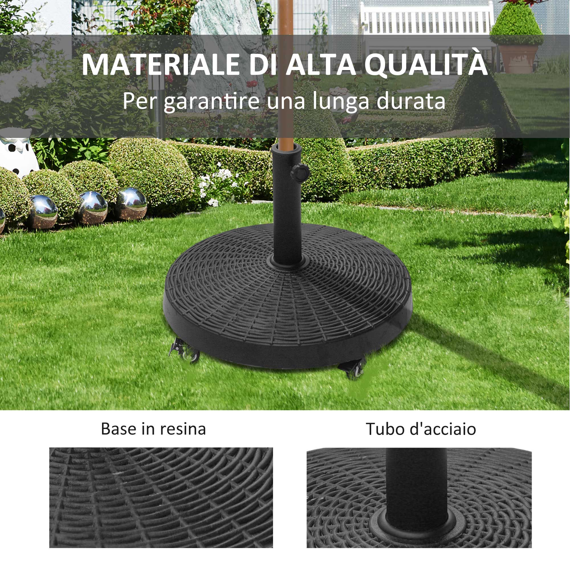 Round Garden Umbrella Base with 4 Wheels and Brakes, Metal and Resin Umbrella Base, for Ø38/48 mm Umbrella Poles, Ø52x41 cm, Black - Borge' Group Limited