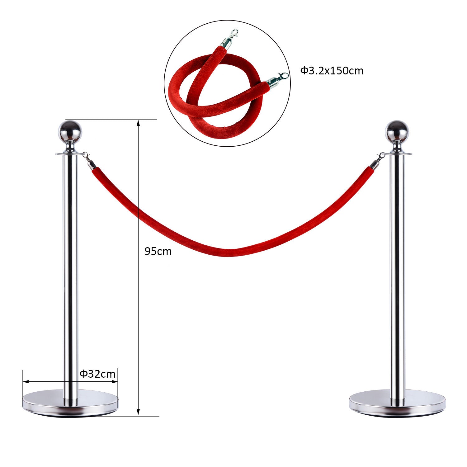 Silver Stainless Steel Retractable Bollard | with Red Rope | ф32 x 95cm - Borgè