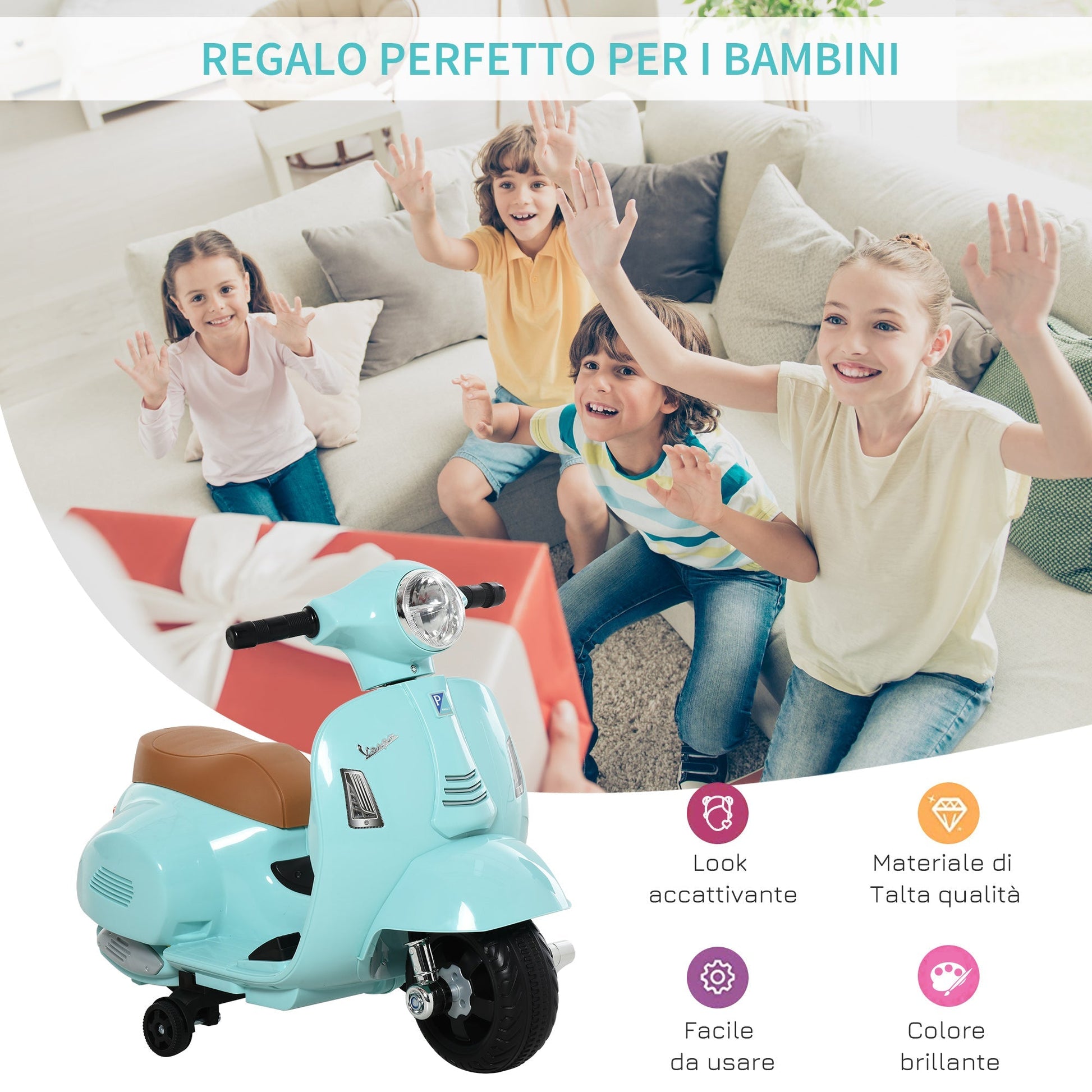 electric motorcycle for children with official Vespa 6v battery license, headlights and horn, for children of 18-36 months, green, 66.5x38x52cm - Borgè