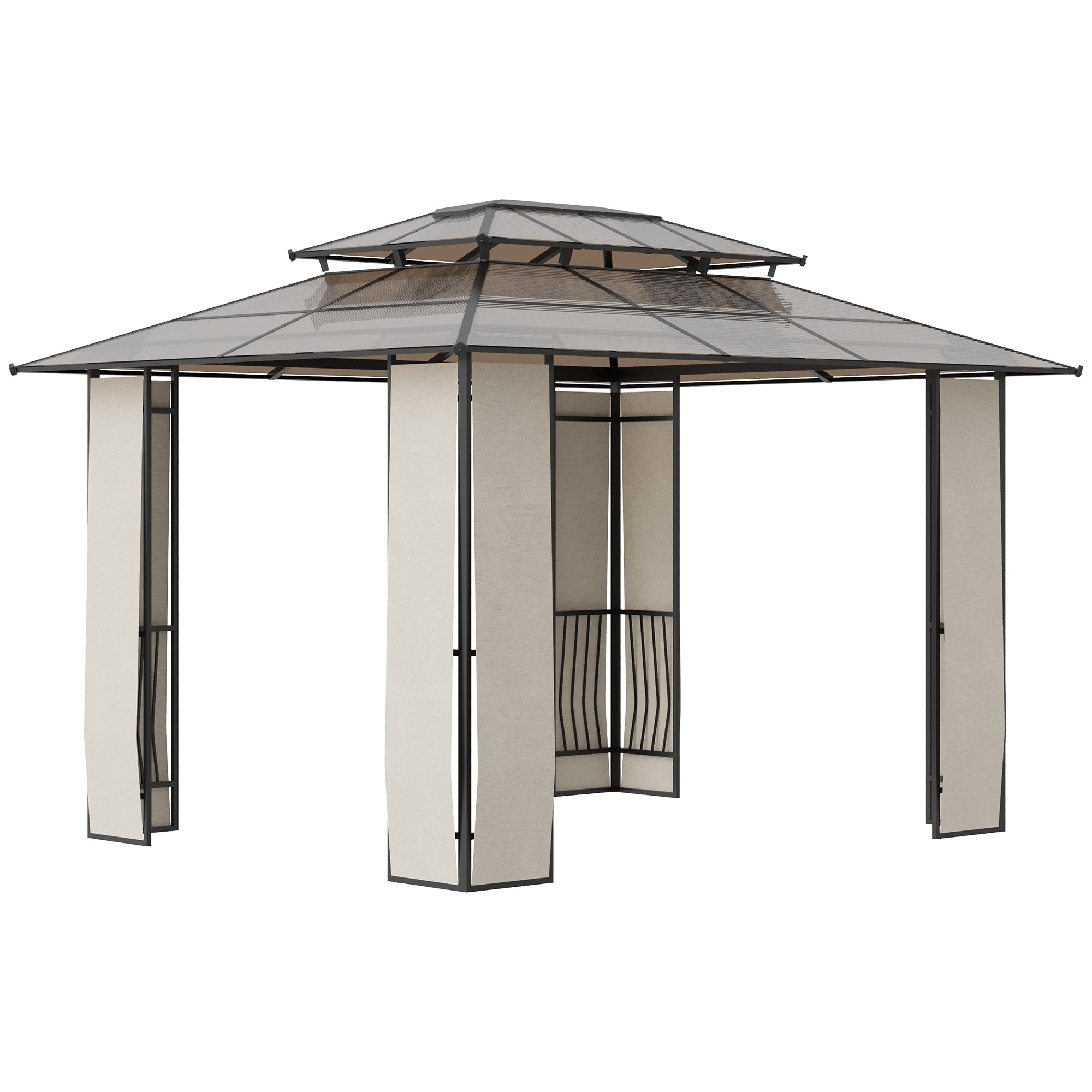 3.7x3m Garden Gazebo with 2-Tier Polycarbonate Roof, Steel and Aluminum, Brown - Borge' Group Limited