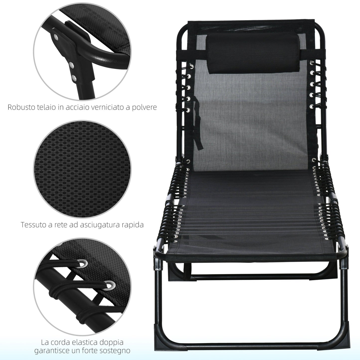 Outsunny sun bed in steel and breathable fabric with reclining backrest, 197x58x26 cm, black - Borgè