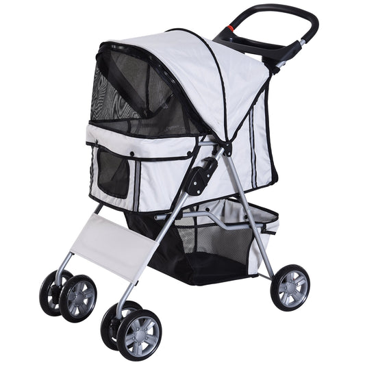 Foldable Fabric Dog Stroller with Basket and Cup Holder, 75x45x97cm - Grey - Borgè