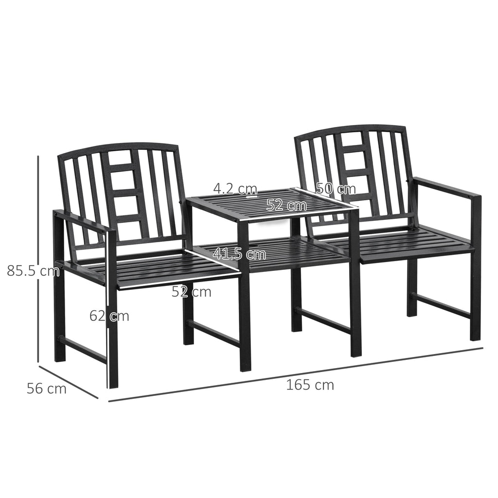 Modern 2-Seater Garden Bench with Table and Umbrella Hole Outdoor Furniture 165x56x85.5cm Black - Borge' Group Limited