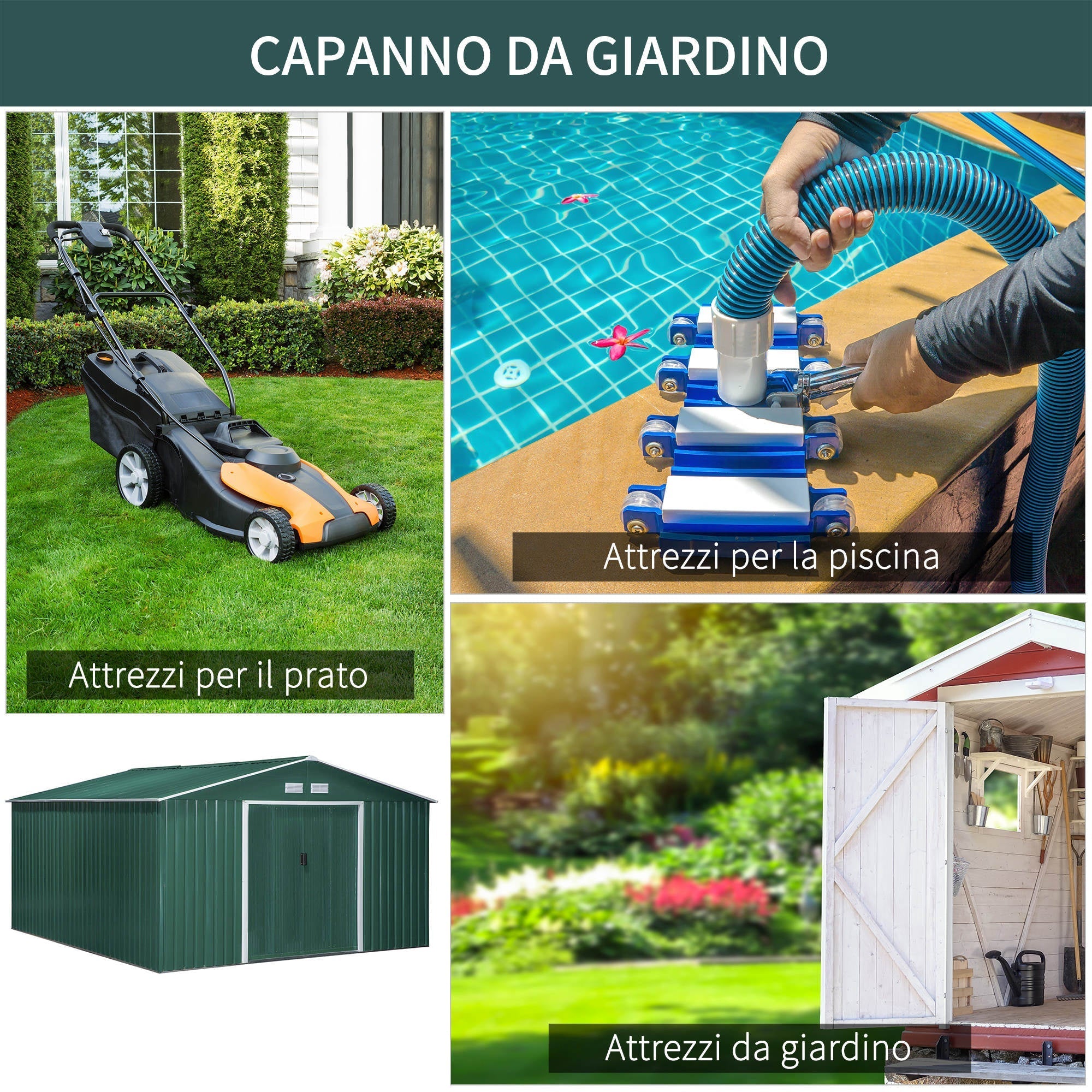 Garden Shed with 2 Sliding Doors and 4 Air Vents in Steel, 340x386x200cm, Green - Borge' Group Limited