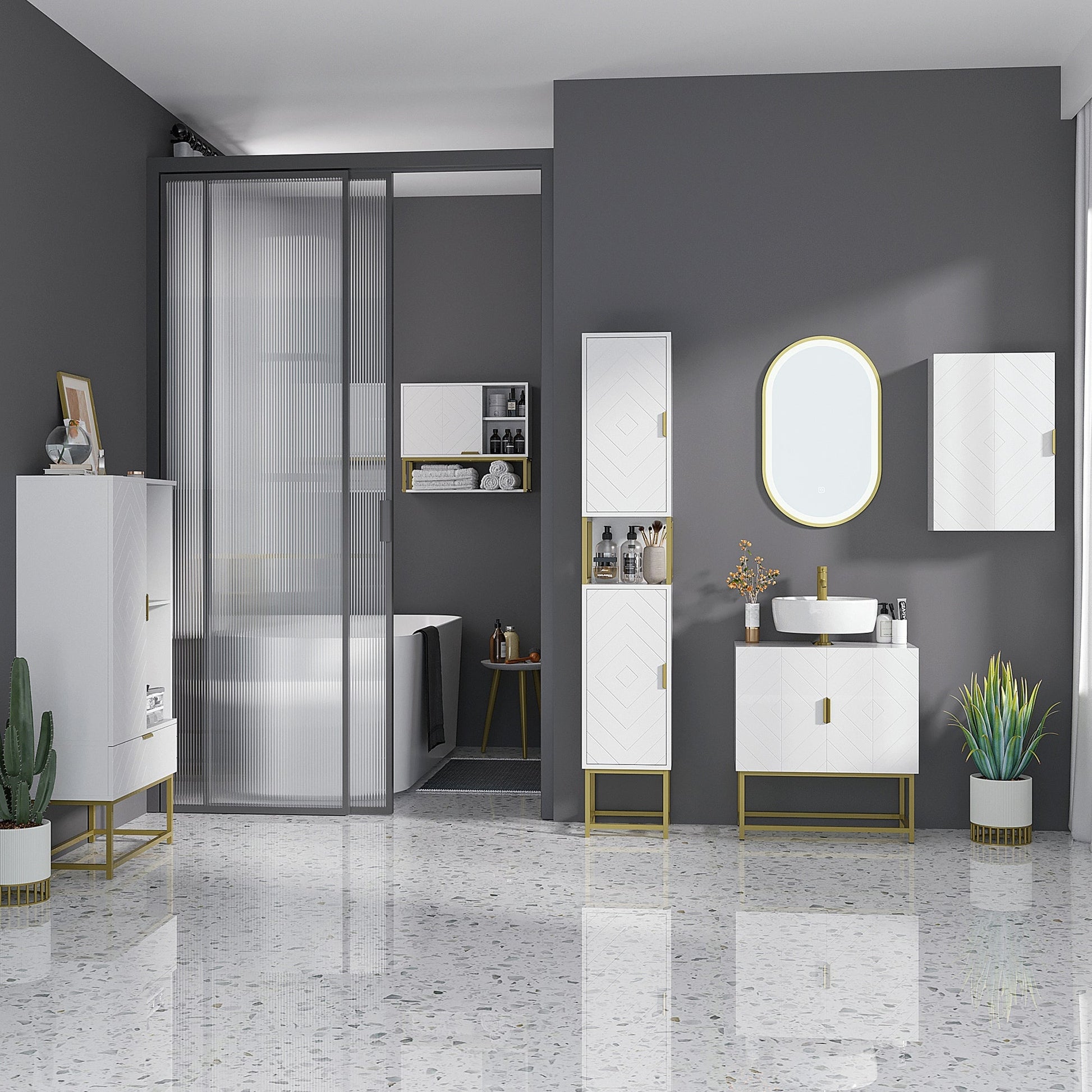 Kleankin Bathroom column with 2 lockers and shelf in mdf and steel, 30x30x170.7cm, white and gold - Borgè