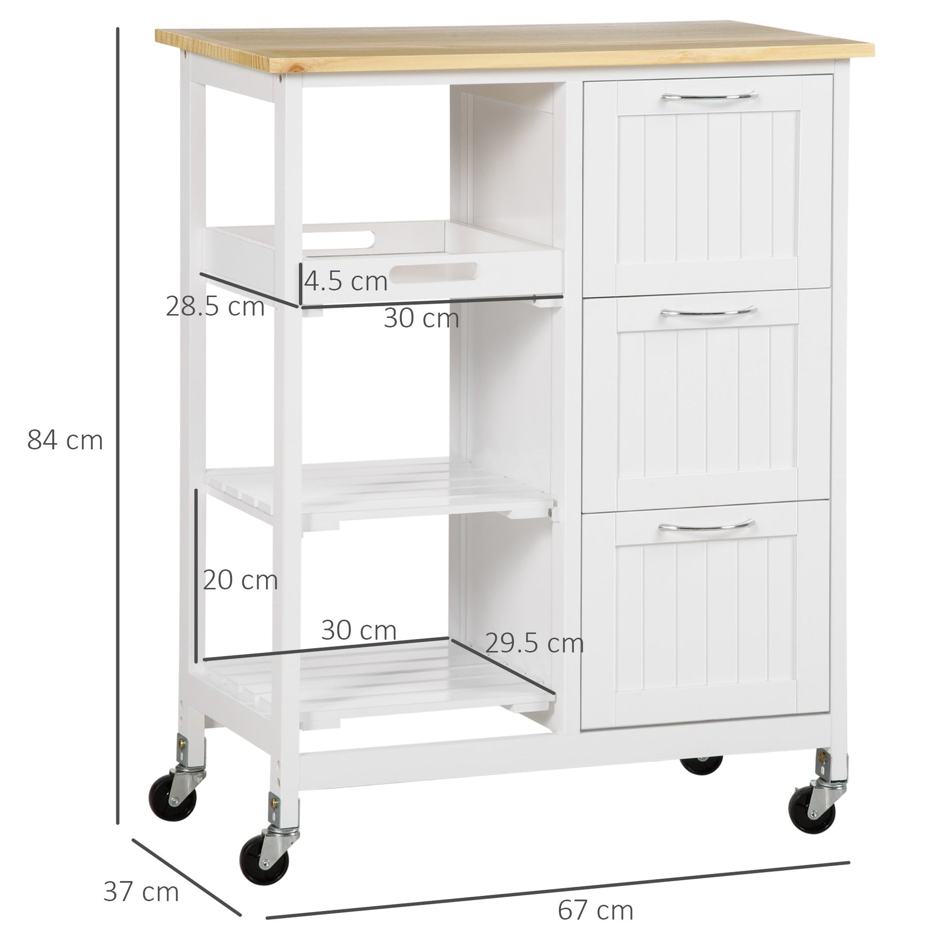 kitchen trolley with 3 drawers, 2 open shelves and removable tray, in mdf and pine wood, 67x37x84 cm - Borgè