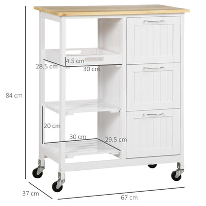 kitchen trolley with 3 drawers, 2 open shelves and removable tray, in mdf and pine wood, 67x37x84 cm - Borgè