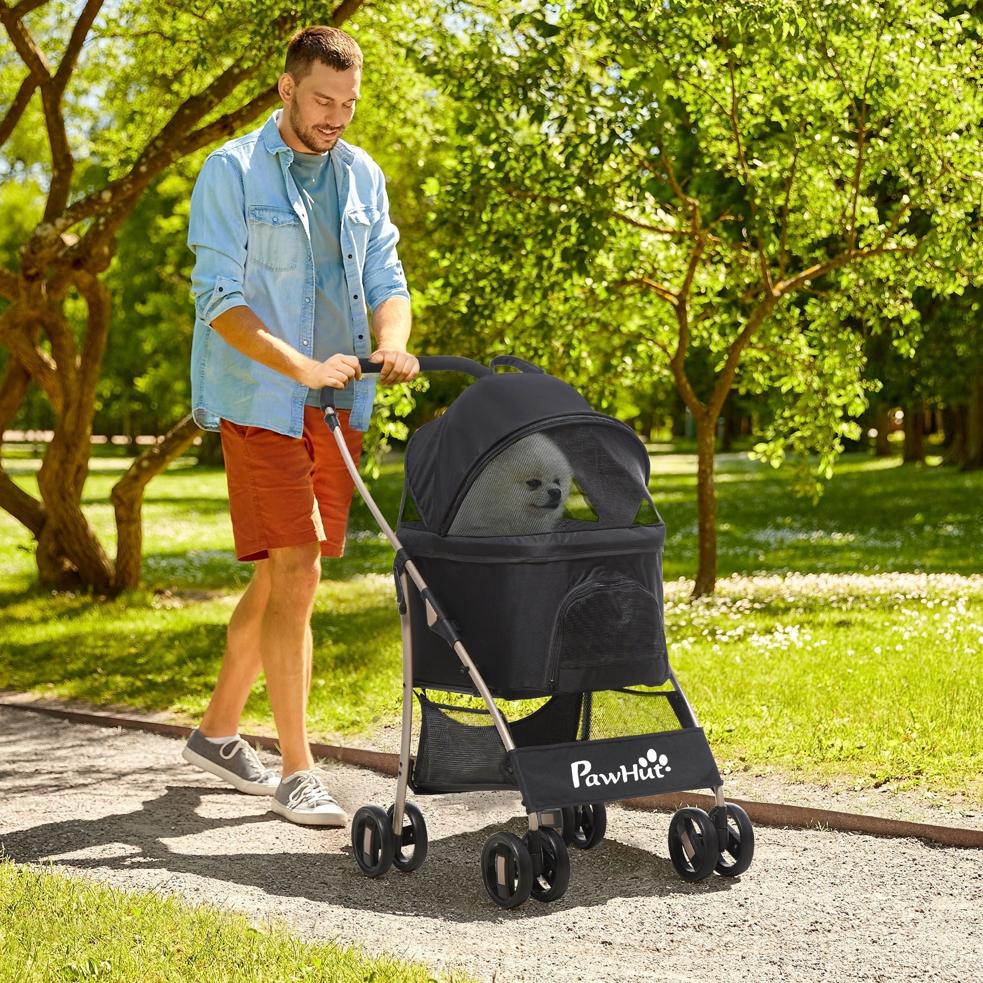Foldable Dog Stroller with Removable Carrier and Canopy, 82x49. 5x98cm, Black - Borge' Group Limited