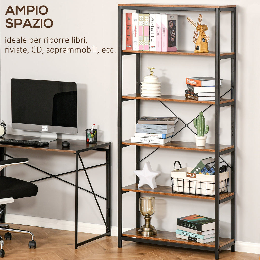 Homonde Library in Vintage Industrial Style with 6 shelves in wood and black metal - Borgè
