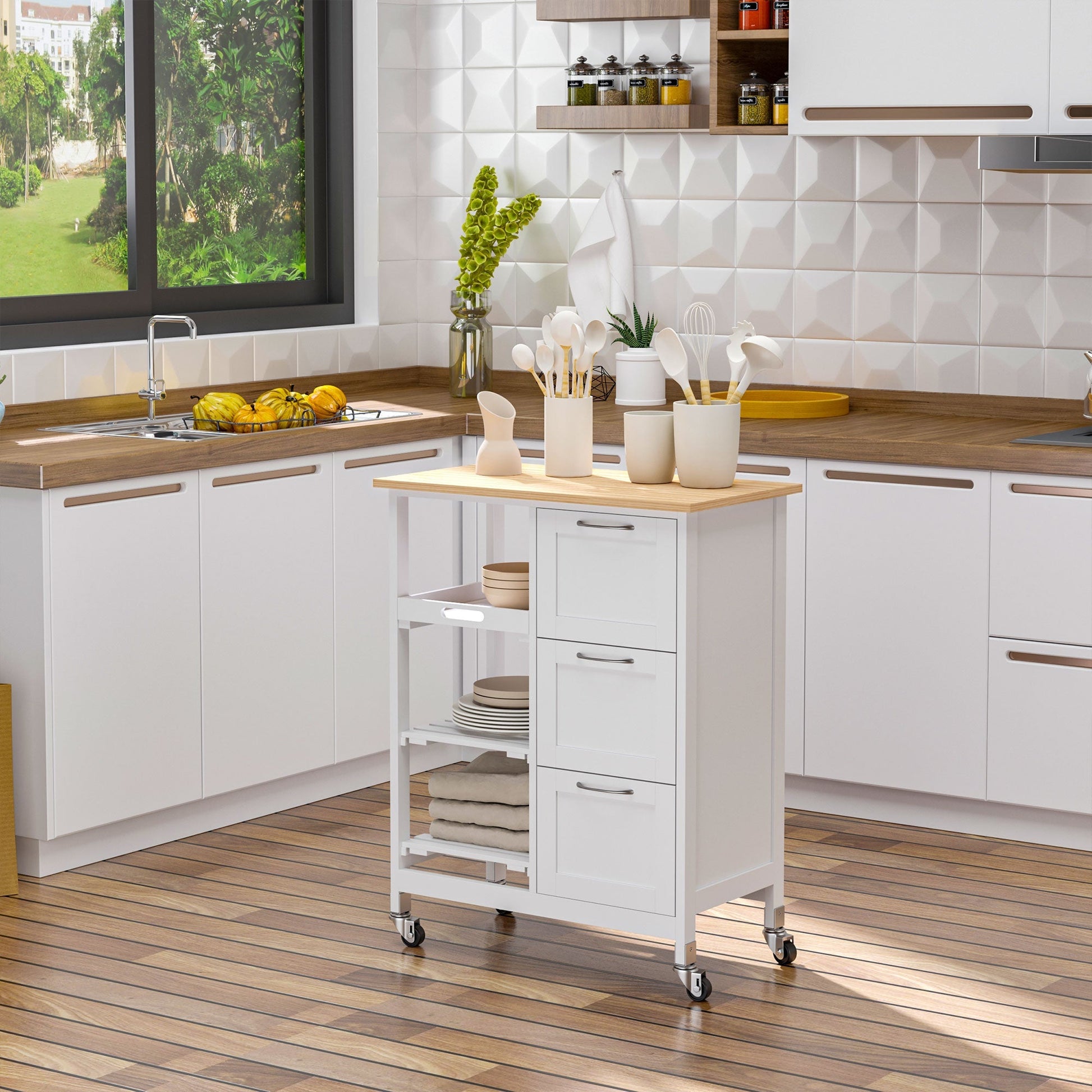 kitchen trolley with 3 drawers, 2 open shelves and removable tray, in mdf and pine wood, 67x37x84 cm - Borgè