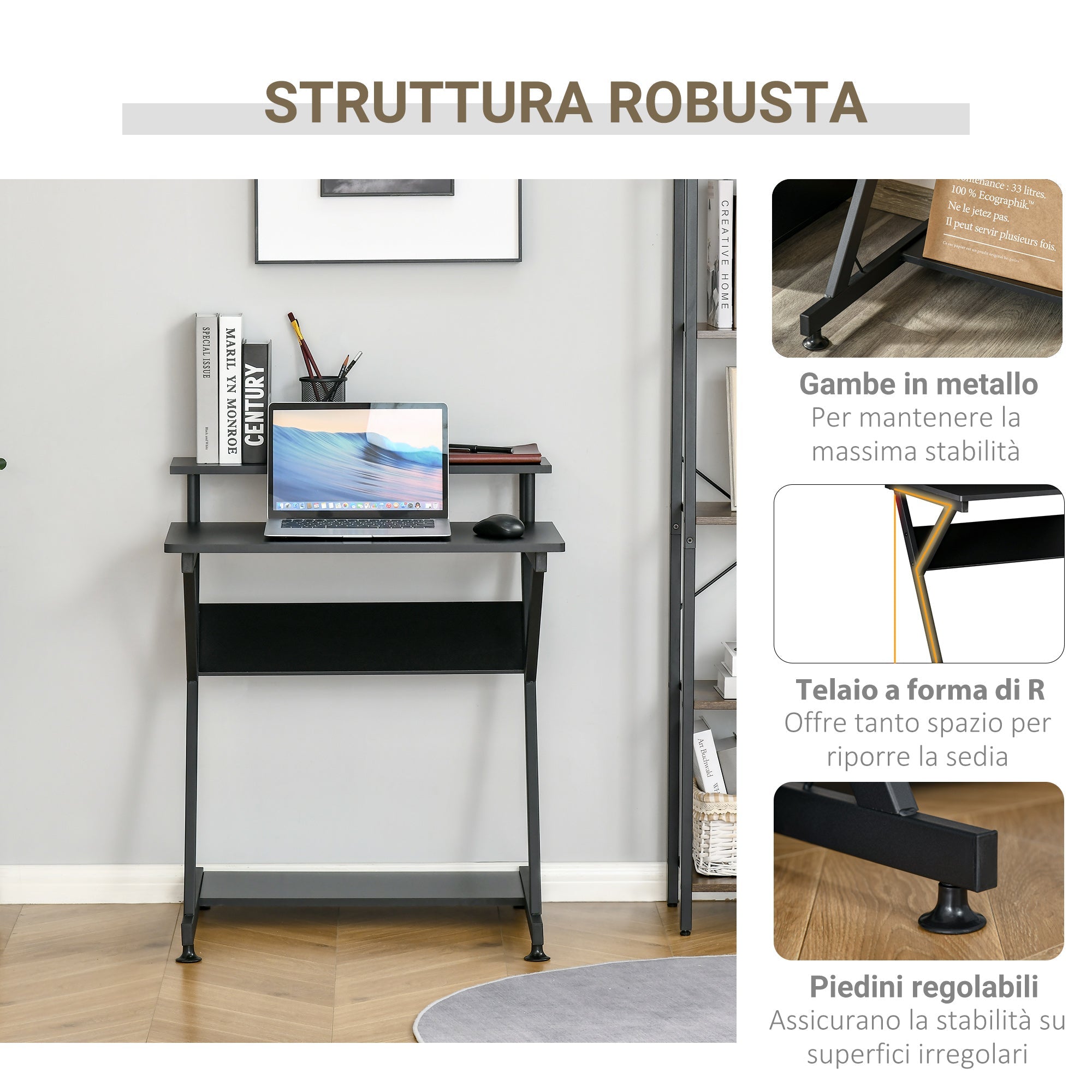Table PC Room Road with raised monitor shelf, wooden office desk, 70x60x85.5cm - Black - Borgè