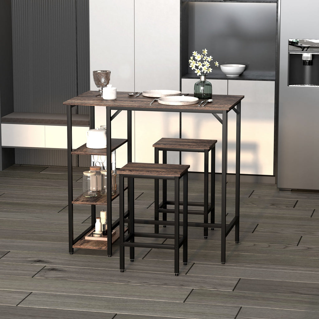 RUSTIC Bar with 2 Stools set | Shelf in Metal and Rustic Brown Wood - Borgè