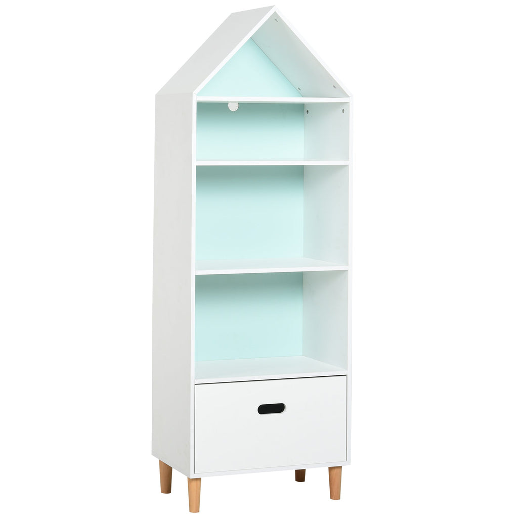 Bookcase Toy Storage Shelf for Children's and Teens' Bedrooms, 1 Drawer and 4 Shelves, White and Blue 50x30x142cm - Borgè