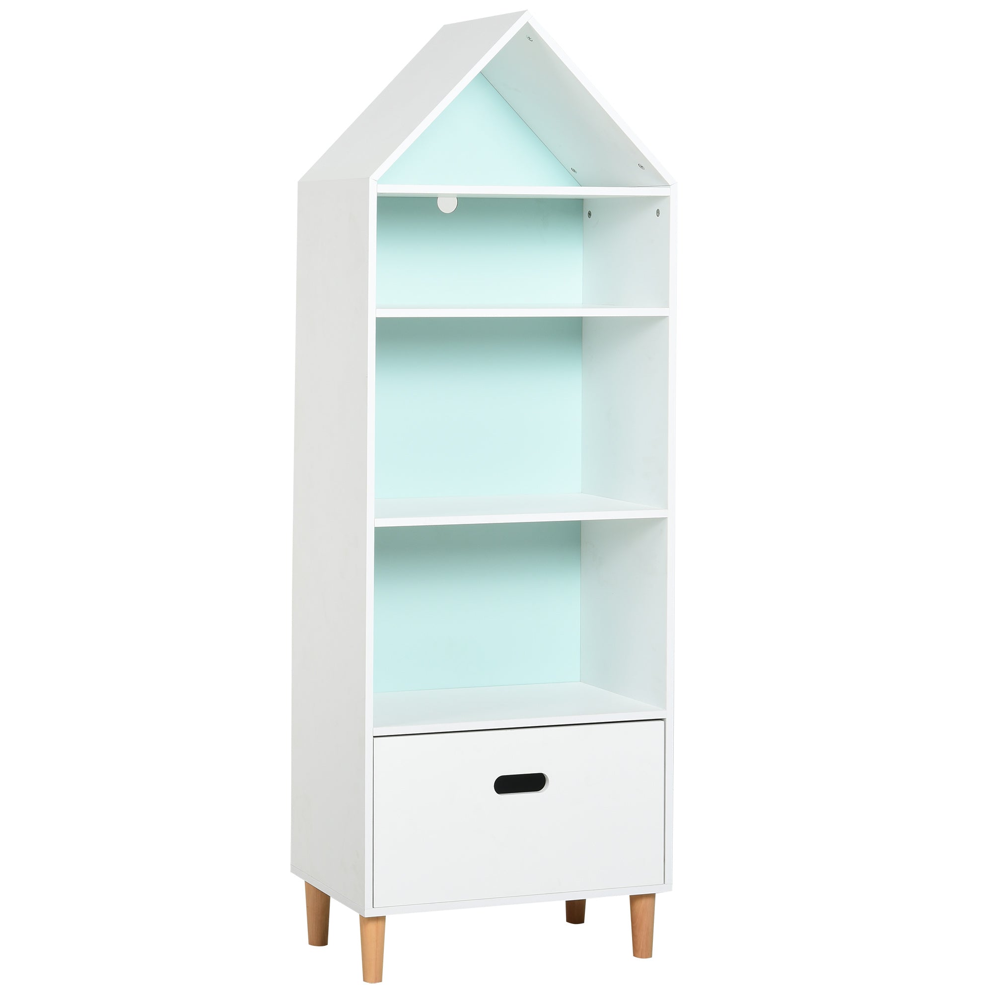 Bookcase Toy Storage Shelf for Children's and Teens' Bedrooms, 1 Drawer and 4 Shelves, White and Blue 50x30x142cm - Borgè