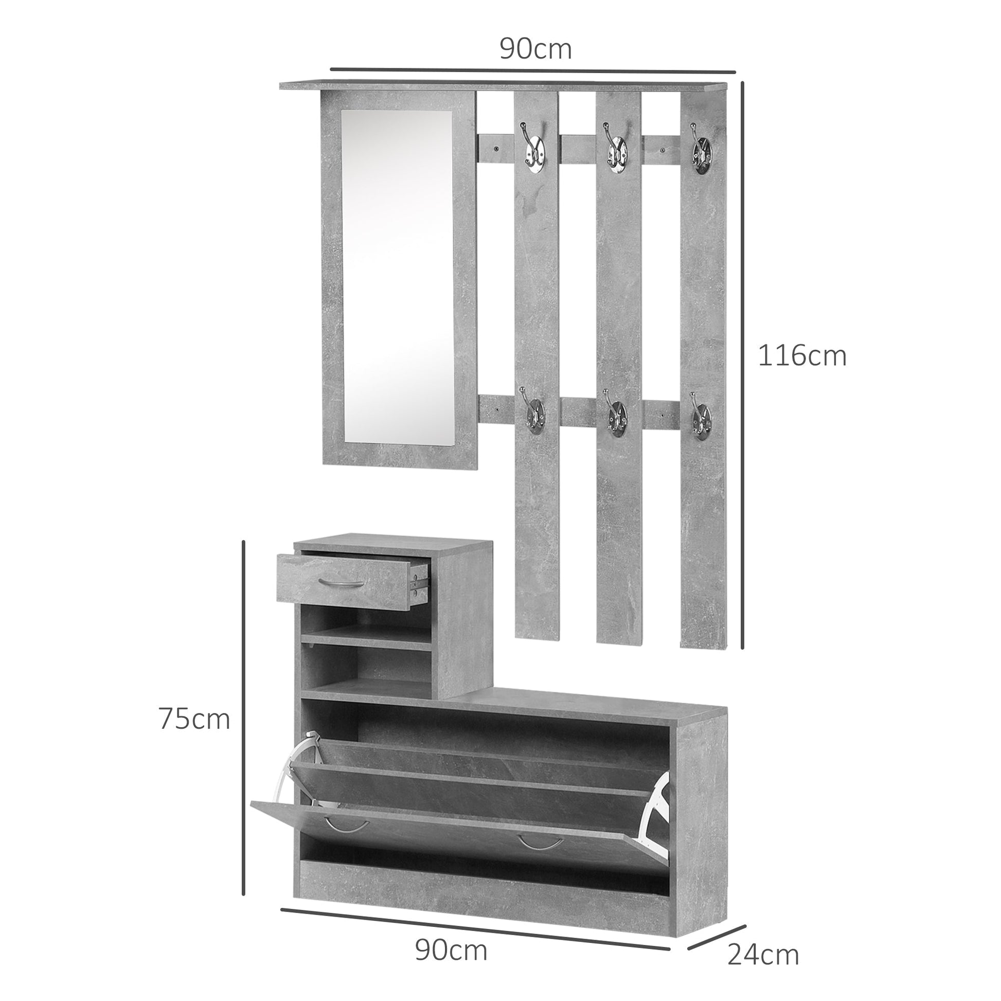 Mobile wardrobe for entrance with hanger mirror and adjustable boot, concrete Grey, 90x22x116 cm - Borgè