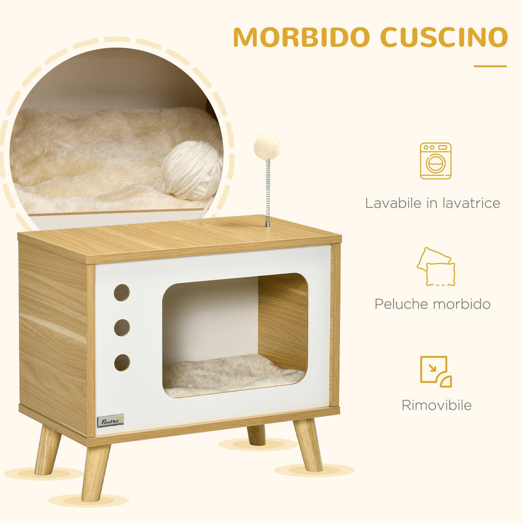 Chipboard Cat House in the Shape of a TV with Cushion and Toy Ball, 50x28x43 cm - Borge' Group Limited