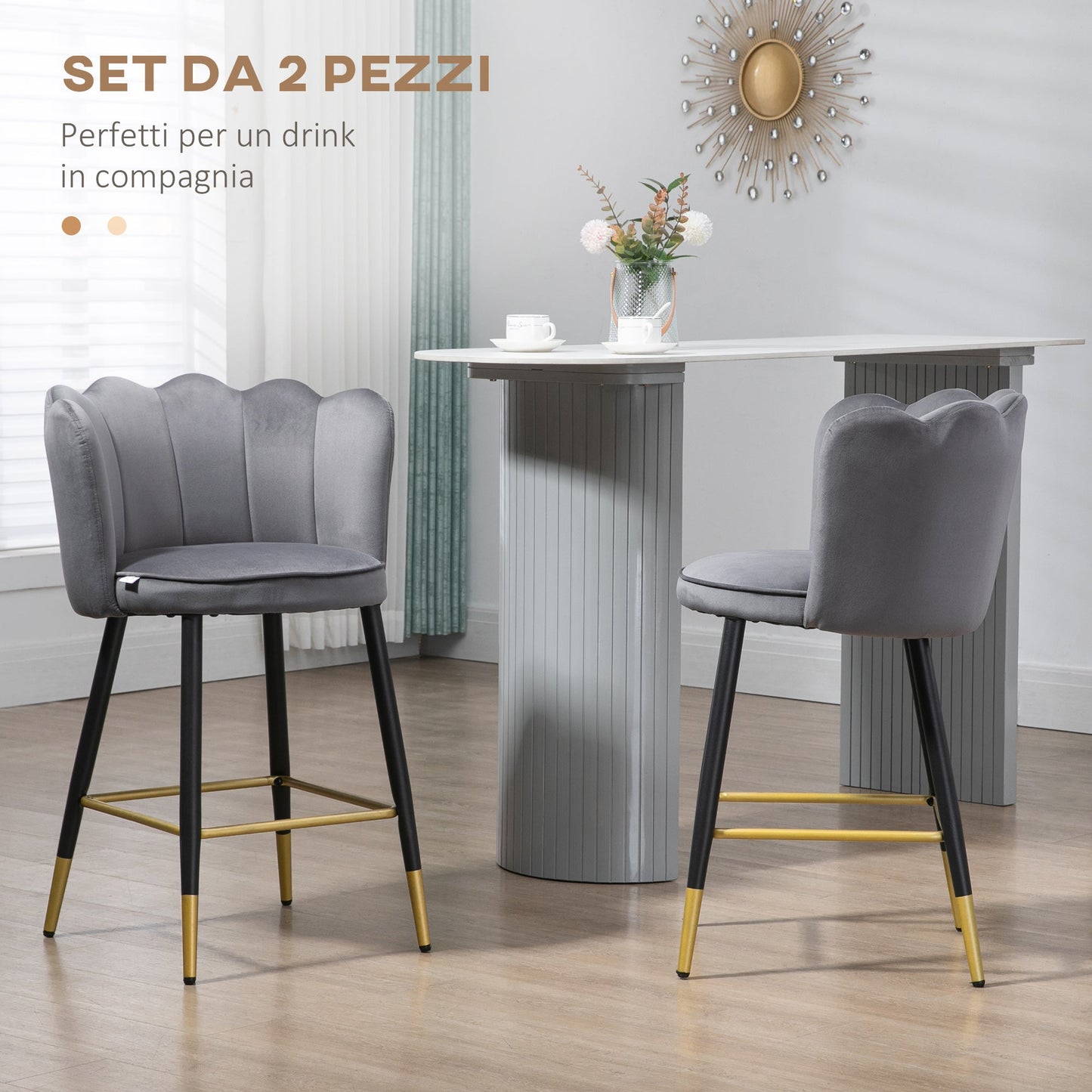 Homcom set with 2 stools from velvety bar with footrest and steel base, 59x52x90cm, Grey - Borgè